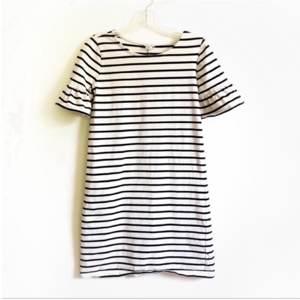 J. Crew Factory dress navy white striped shift ruffle sleeves